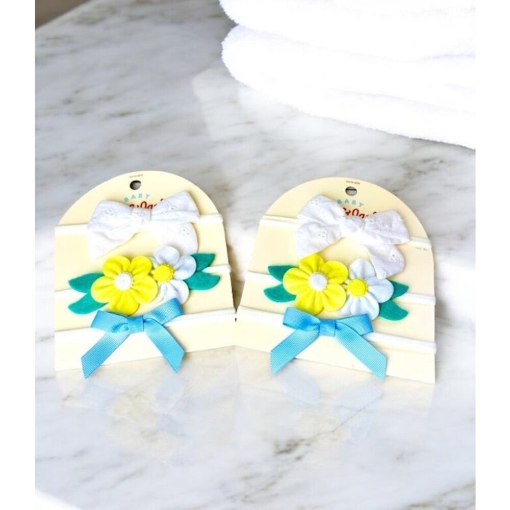 Set of 2 - 3 Cat and Jack Head Wraps Baby Headbands Flowers, White Bow,Blue Bow